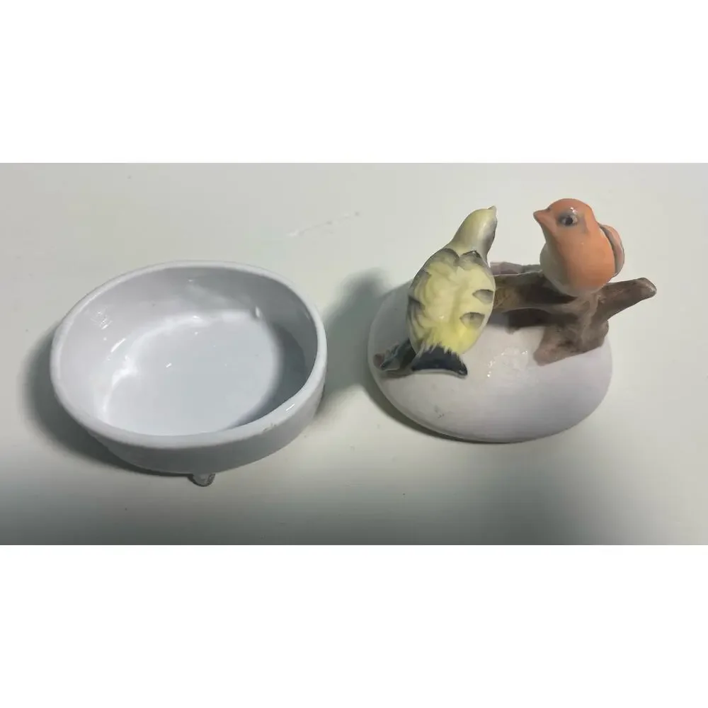 Lefton Porcelain Hand Painted Lidded Trinket Box Pink Yellow Birds On Branch